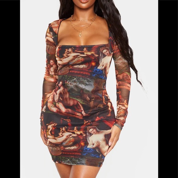Multi Renaissance Print Mesh Bodycon Dress✨ - Picture 2 of 6